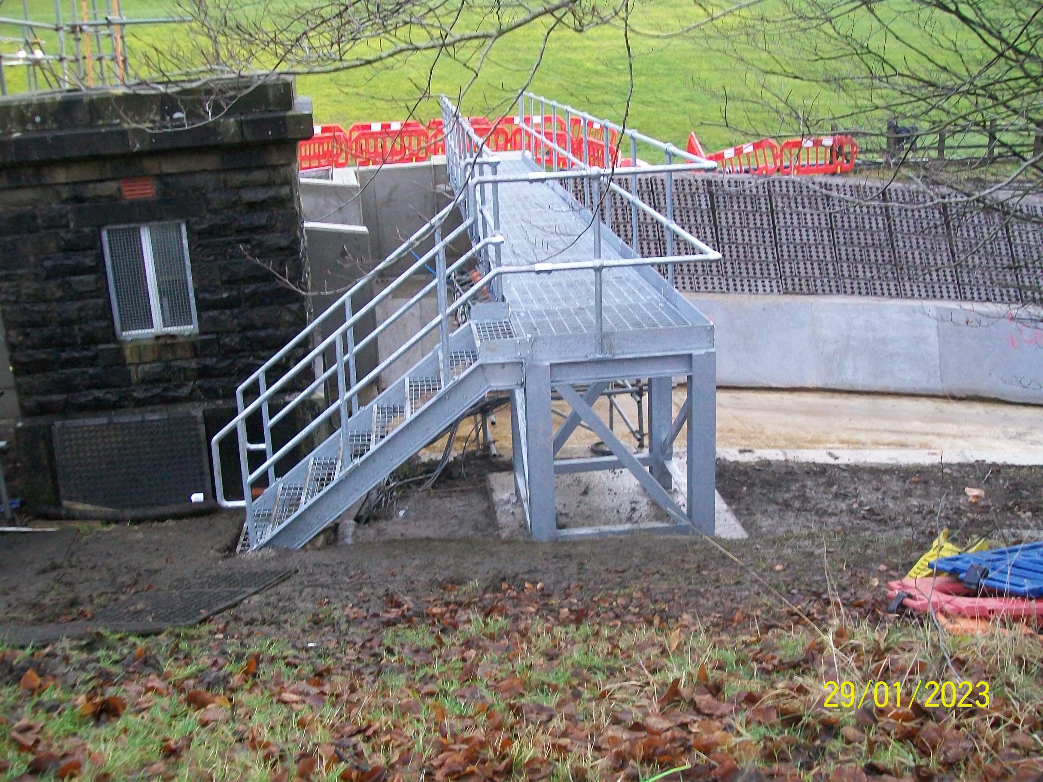 Galvanised steel access platform and stairs at a reservoir